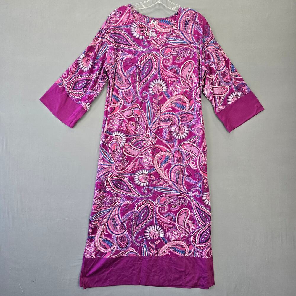 N Studio Purple Plum Midi Dress Boho Paisley 3/4 Sleeve V-Neck Slit Women Size S